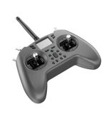 Gray RC radio transmitter with LCD screen, dual control sticks, and antenna