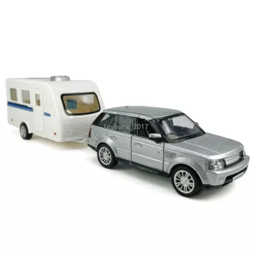 Diecast toy SUV and camper motorhome set, grey and white, 1:36 scale