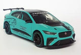 Tayumo diecast model car, teal Jaguar I-Pace race car, front 3/4 with black wheels