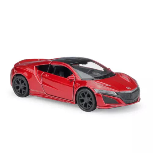 Red diecast model car with black wheels, sporty coupe front view