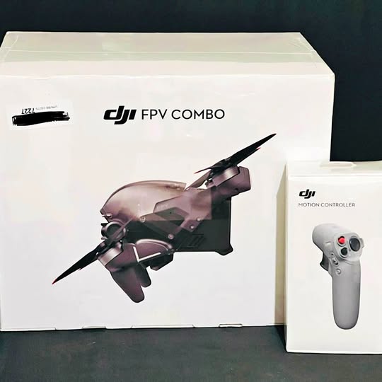 DJI FPV combo UAV box with FPV motion controller and illustrated quadcopter