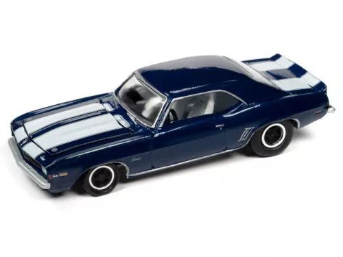 1:64 diecast '69 Chevy Camaro Z/28 race car, dark blue with white racing stripes