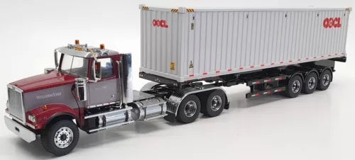 Diecast Western Star tandem day cab tractor with red-and-silver cab and gray trailer