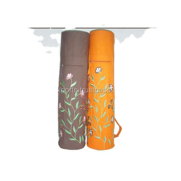 Yoga mat tote bag set, brown and orange with floral print and carrying strap