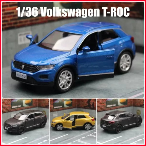 1:36 diecast Volkswagen T-Roc model car, blue with silver wheels and tinted windows