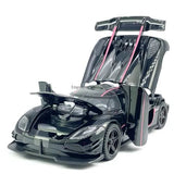 Black diecast model sports car with front hood detail, pink accents and opening doors.