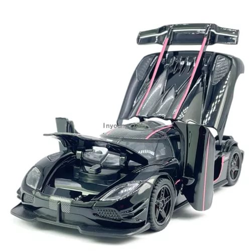 Black diecast toy car model with raised doors and pink accent stripes