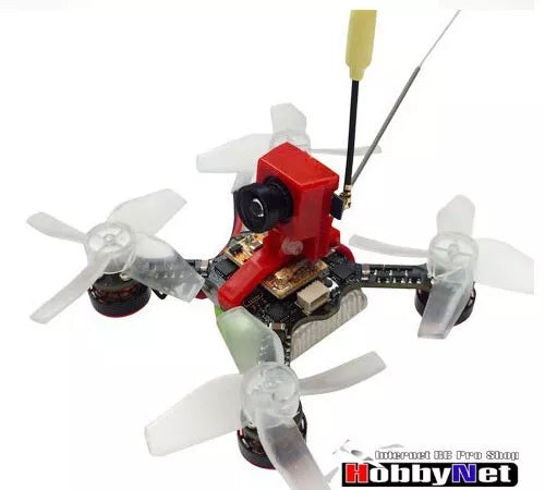 FPV quadcopter drone with red frame, four propellers, front camera mount