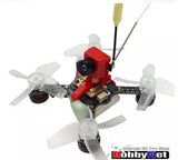 FPV quadcopter drone with red frame, four propellers, front camera mount