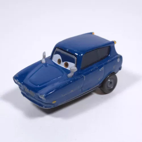 Blue diecast three-wheel car with character face and dark window