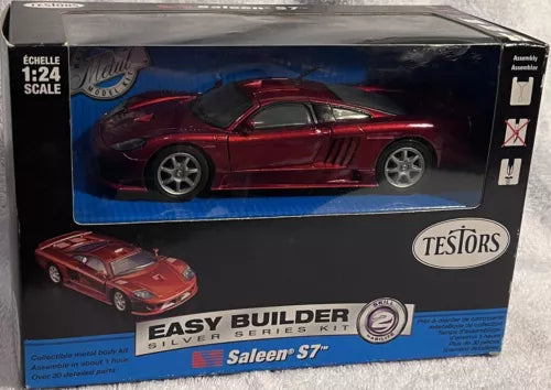 Red diecast car model kit box with Saleen S7 in 1:24 scale window