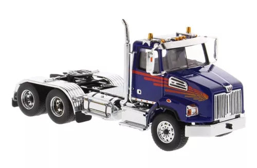Blue diecast tandem tractor truck with chrome grille and sleeper cab, front view