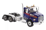 Blue diecast tandem tractor truck with chrome grille and sleeper cab, front view