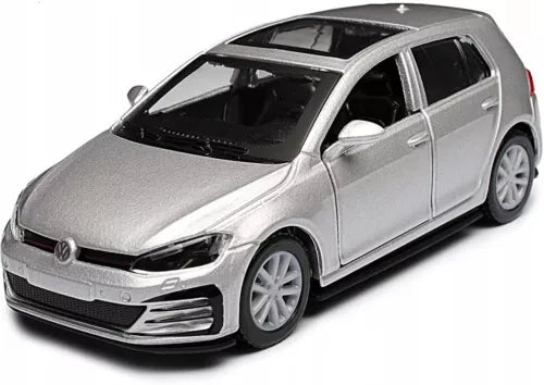 Silver diecast toy hatchback car, front three-quarter view with VW emblem and black grille.