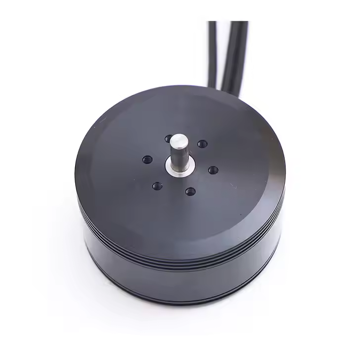 Outrunner motor housing with shaft and mounting holes, black circular body