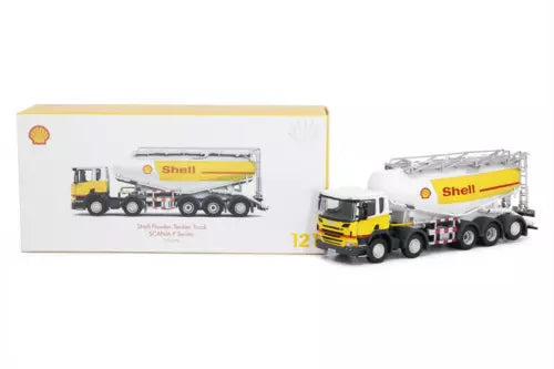 Diecast Shell tanker truck model in box with yellow and white cab