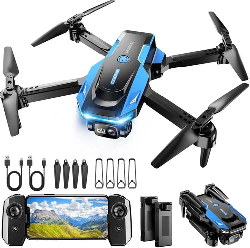 Foldable quadcopter drone with 1080P camera, remote controller and spare parts, blue accents