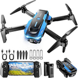 Foldable quadcopter drone with 1080P camera, remote controller and spare parts, blue accents