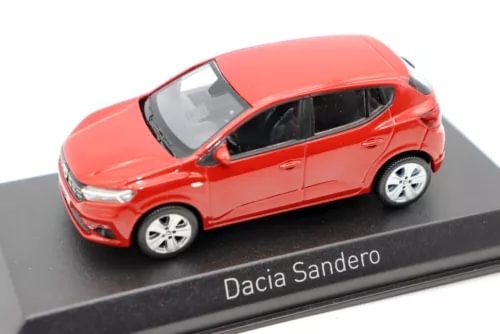 Red 1:43 diecast Dacia Sandero 2021 model car, front-left side view