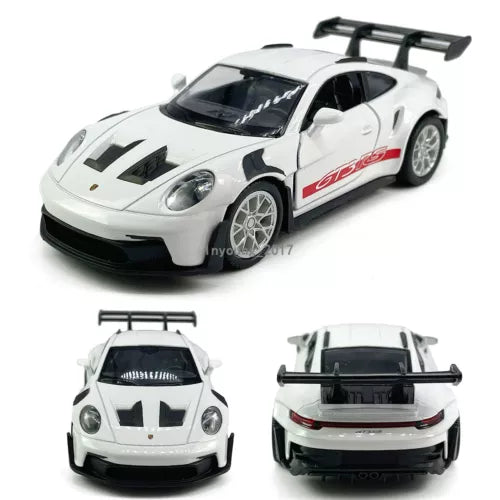 White diecast sports car model with black hood stripes and rear spoiler, GT3 RSR decals