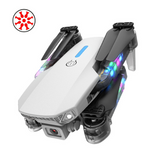 White mini folding drone with dual front cameras and LED lights