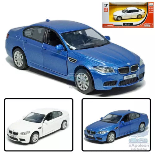 Blue diecast BMW M5 model car, 1:36 scale toy vehicle