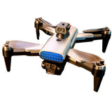 Light cream drone with gold arms, front camera module, and four propellers