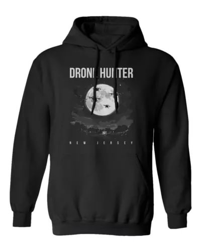 Black unisex hooded sweatshirt with drone night sky graphic and front text