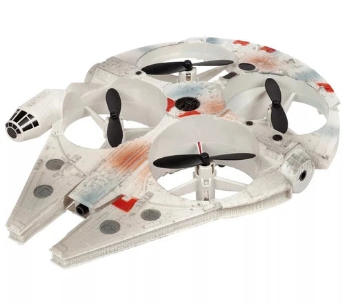 White Star Wars Millennium Falcon motion-sensing quadcopter drone with four black propellers