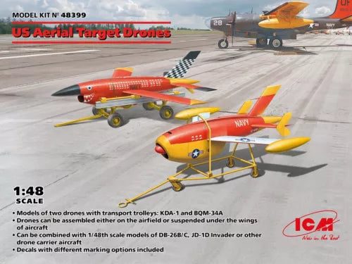 1/48 aerial target drone model kit with two orange and yellow aircraft on wheels