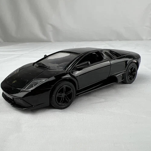 Black diecast sports car toy model with openable hood, front three-quarter view