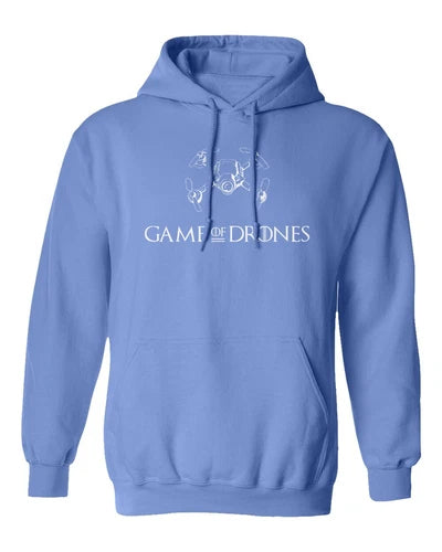 Blue pullover hoodie with front drone graphic and Game of Drones text