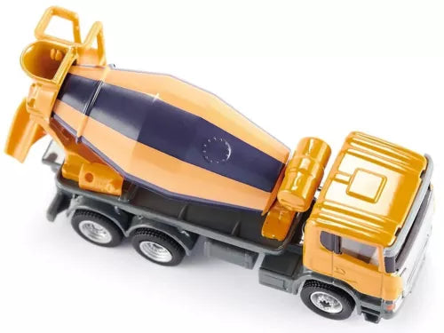 Yellow diecast mixer truck model with dark blue drum, 1/87 HO scale