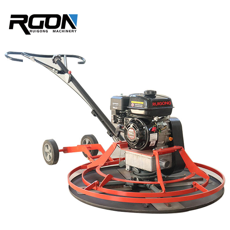 Gasoline concrete power trowel with orange circular base, handle, and engine