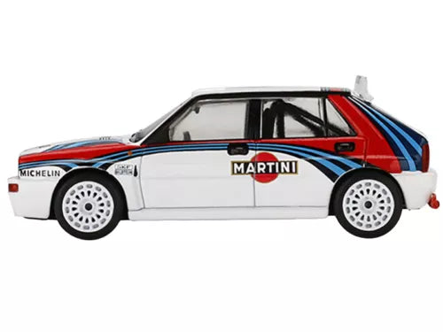 White Martini-style Lancia Delta HF Integrale diecast model car with red and blue stripes