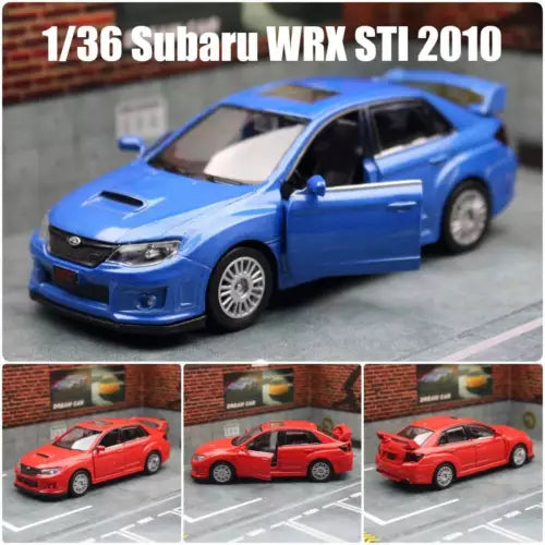 1/36 blue Subaru WRX STI 2010 diecast model car, front three-quarter view with red variant thumbnails.