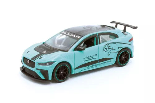 Teal diecast model car with Jaguar branding and dragon-style decals, front-side view