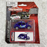 Purple Volkswagen Beetle diecast car with racing graphics, 1:64 scale by Majorette
