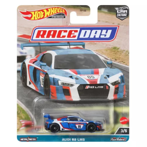 Race Day Audi R8 LMS 1/64 diecast car toy, blue white red racing livery
