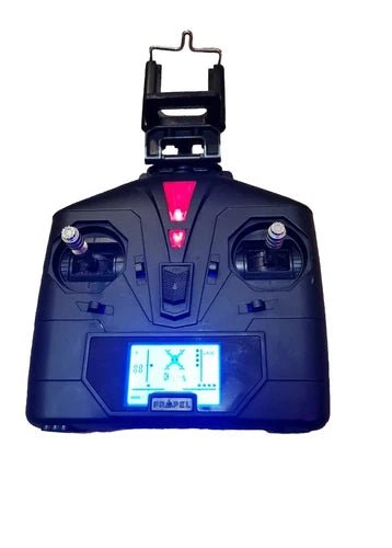 Drone remote controller with LCD screen, pink power light, and two control sticks