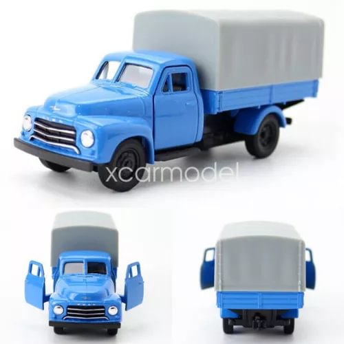 Blue diecast model truck with gray box cargo and black wheels, front and side view