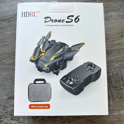 Drone S6 aerial drone box with controller and storage bag shown