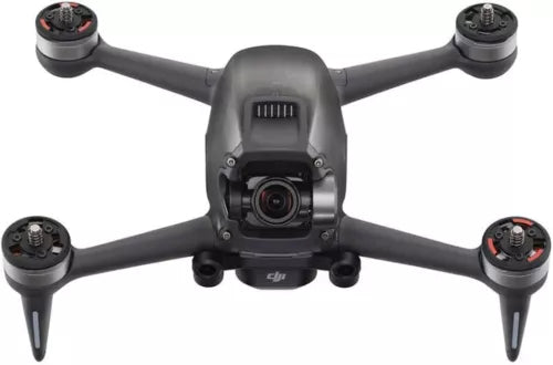 DJI FPV drone with gimbal camera, four motor arms and front lens, carbon-fiber body
