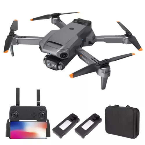 Foldable FPV drone with camera, controller, two batteries, and carrying case