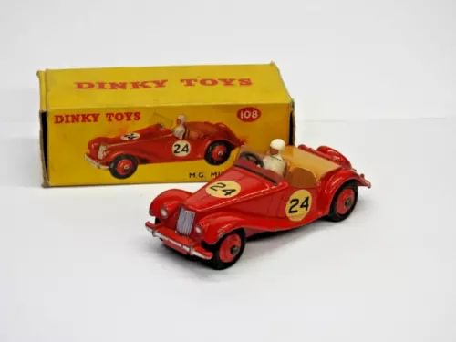 Red diecast sports car with #24 decals and boxed packaging