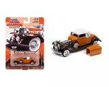 Orange 1931 diecast cabriolet car model with checkered racing-themed packaging