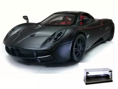 Diecast sports car with LED display case, dark blue, upward-opening doors