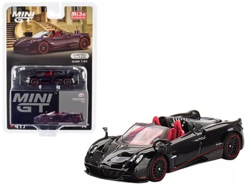 Black MINI GT Pagani Huayra Roadster diecast model car, red interior, 1:64 scale