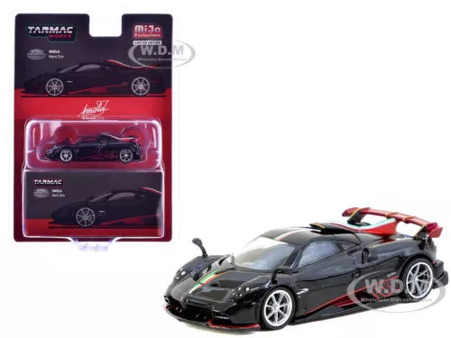 Black diecast model sports car with red interior, detailed wheels, 1:64 scale