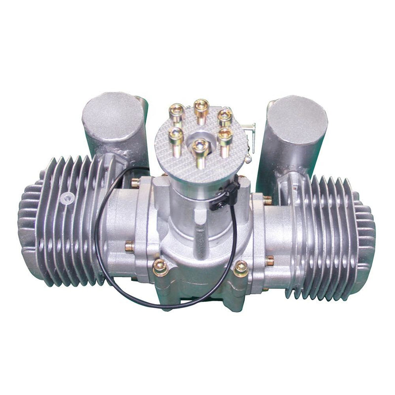 Twin gas engine with silver cooling fins and electronic ignition wiring